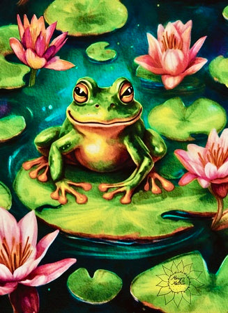 Frog Sitting on a Lily Pad at Night