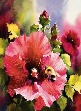 Red Hollyhock with Bee