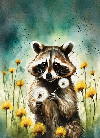 Raccoon Among Dandelions