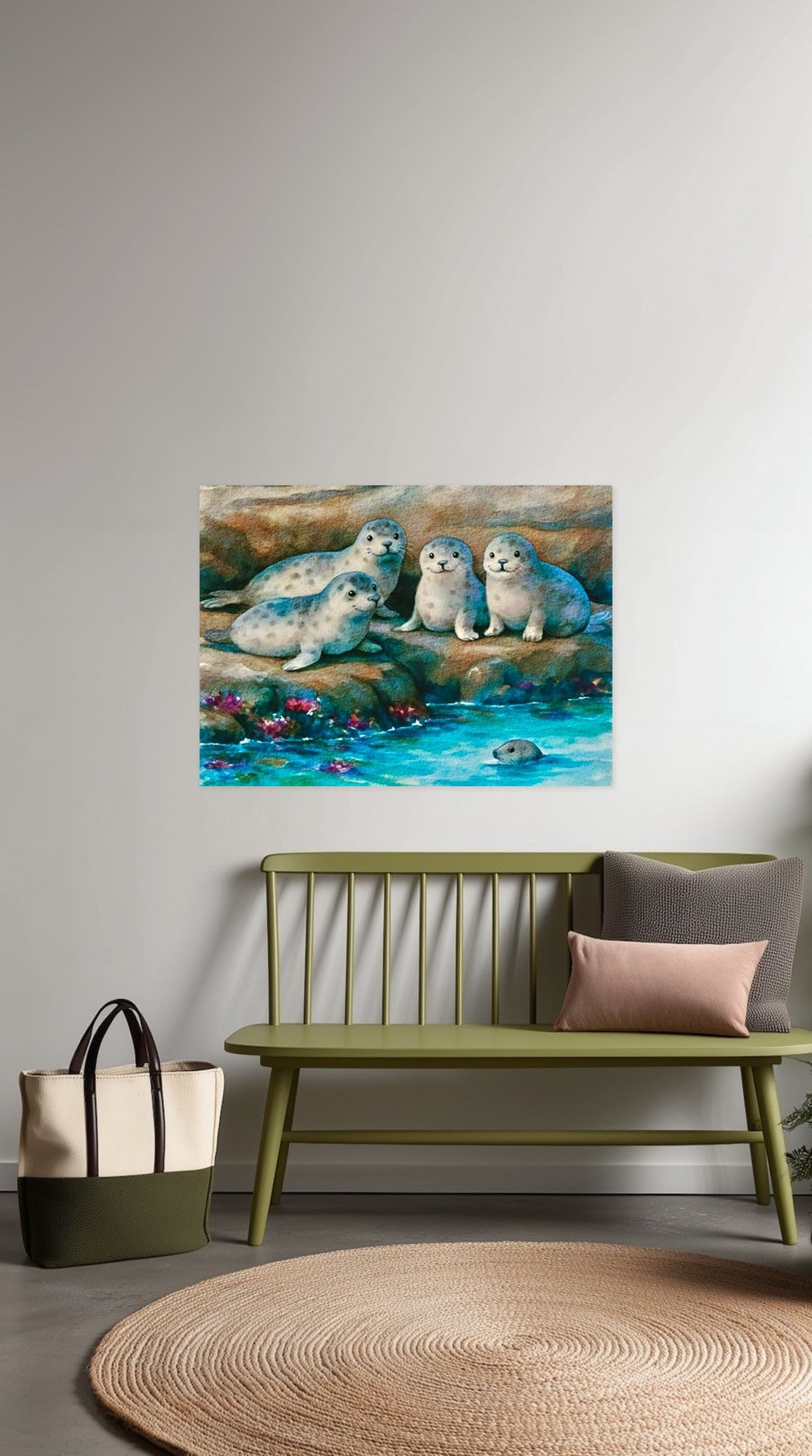 This is a large 36 x 24 unframed watercolor art print of five harbor seal pups resting together on a rock above blue water. Created by professional artists, this high-quality watercolor print on textured matte paper adds a touch of character to any home or office decor.