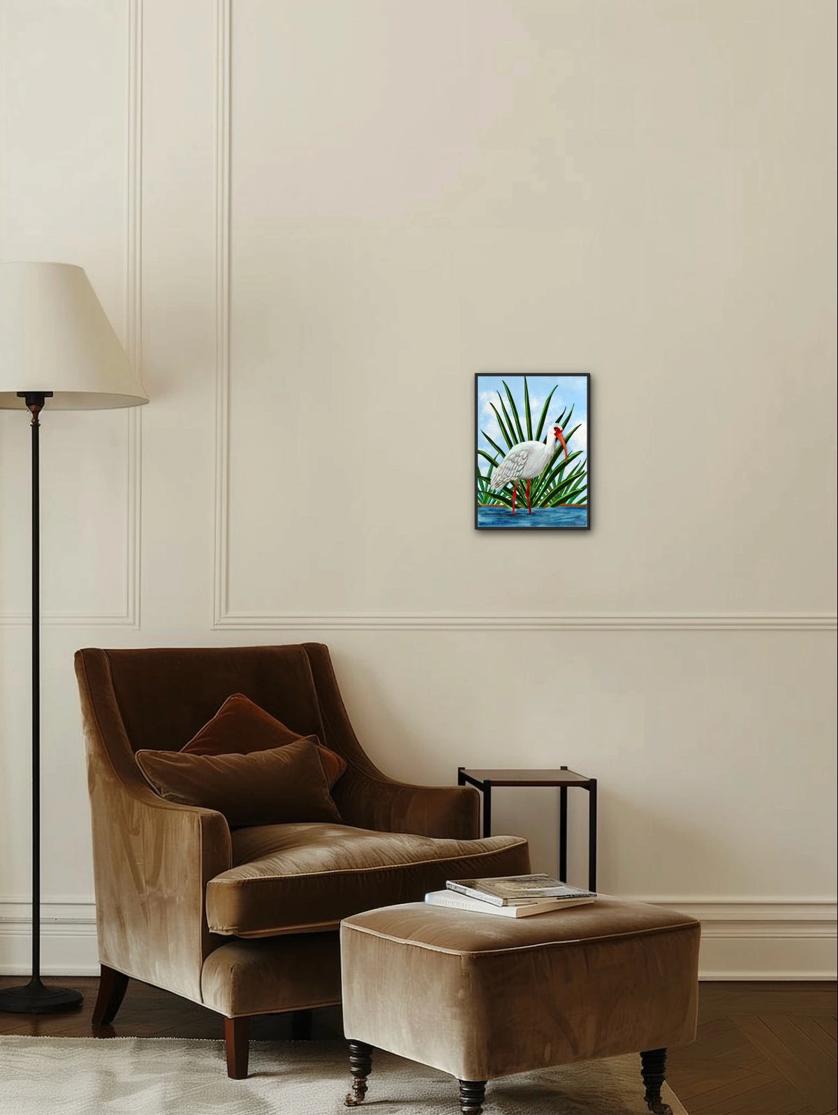 Irie the Whimsical Ibis Bird - medium 12 x 16 framed art print shown hanging on a wall