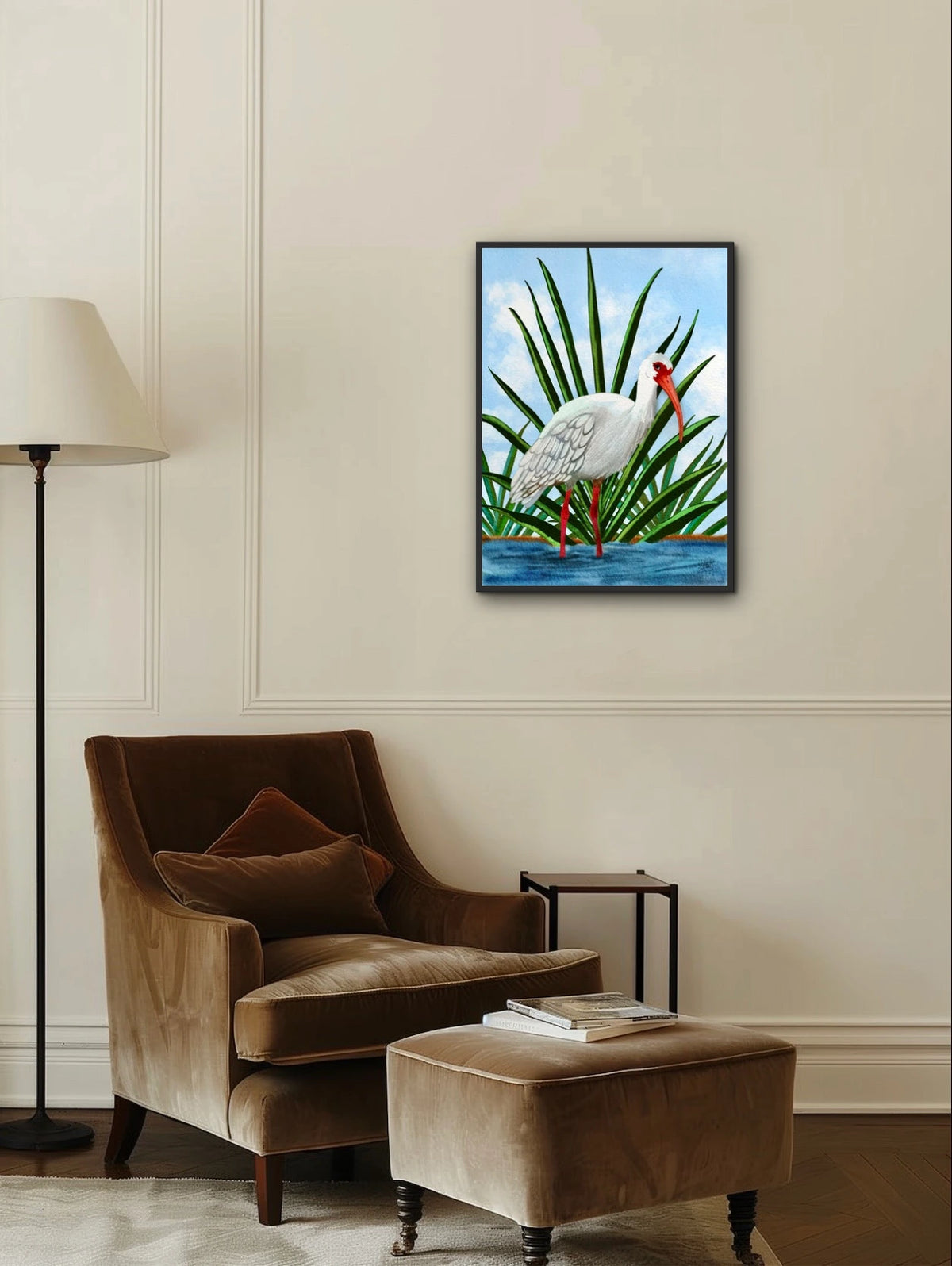 Irie the Whimsical Ibis Bird - large 24 x 36 framed art print shown hanging on a wall