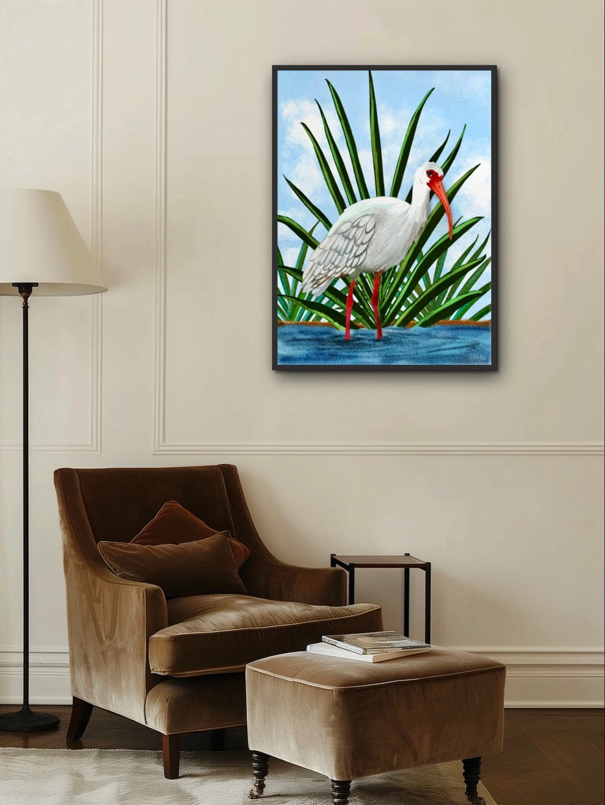 Irie the Whimsical Ibis Bird - extra large 36 x 48 framed art print shown hanging on a wall