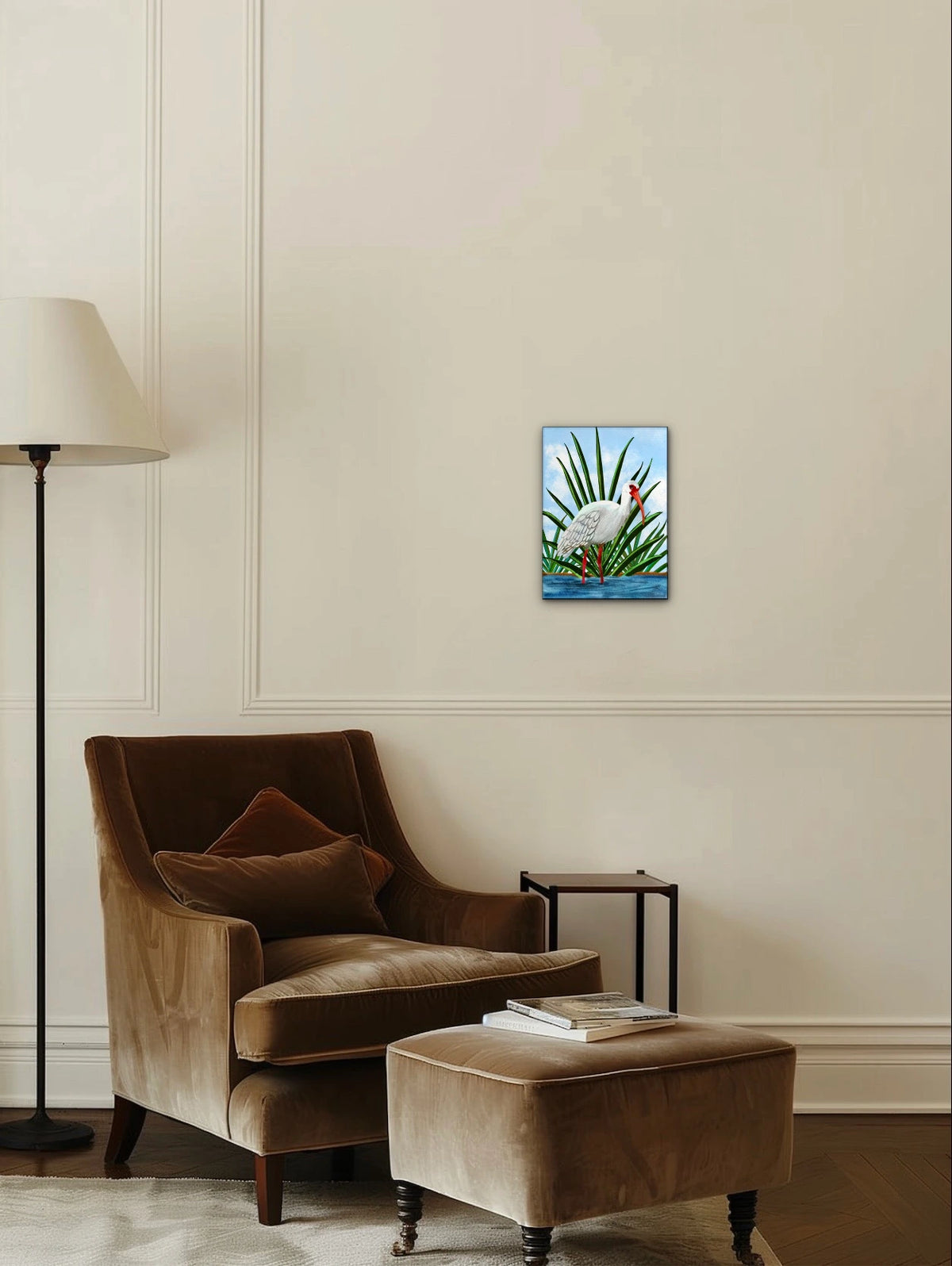 Irie the Whimsical Ibis Bird - medium 12 x 16 unframed art print shown hanging on a wall
