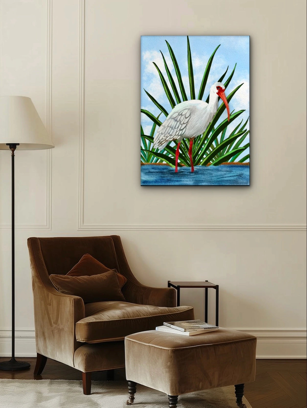 Irie the Whimsical Ibis Bird - extra large 36 x 48 unframed art print shown hanging on a wall