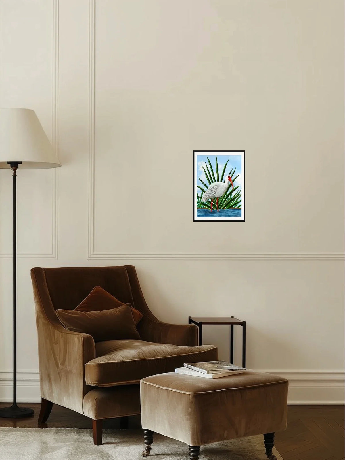 Irie the Whimsical Ibis - medium 12 x 16 matted and framed art print shown hanging on a wall