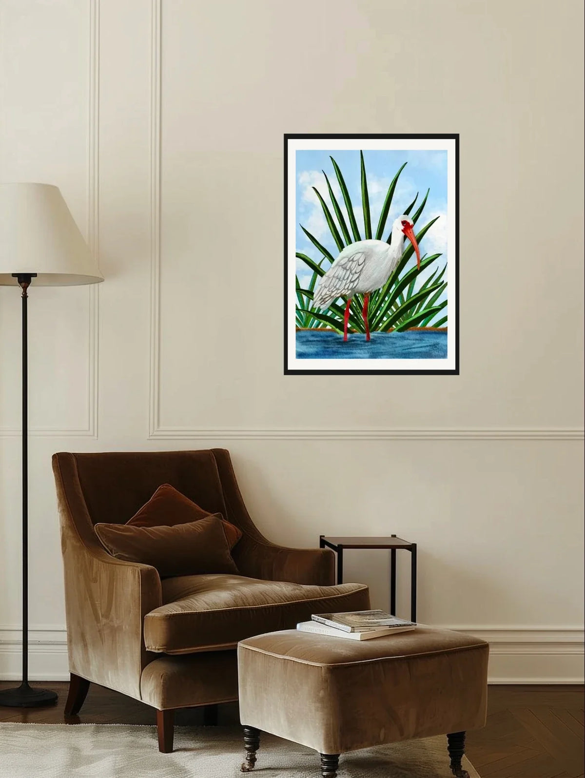 Irie the Whimsical Ibis - large 24 x 36 matted and framed art print shown hanging on a wall