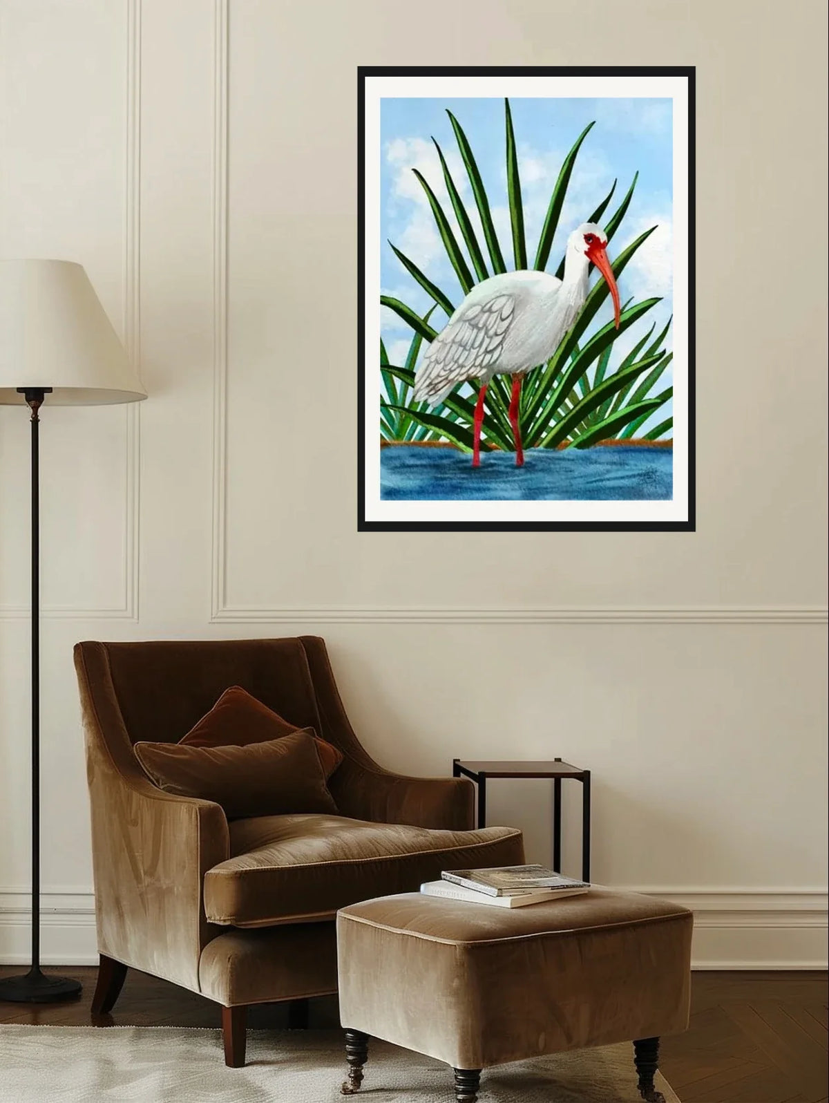 Irie the Whimsical Ibis - extra large 36 x 48 matted and framed art print shown hanging on a wall
