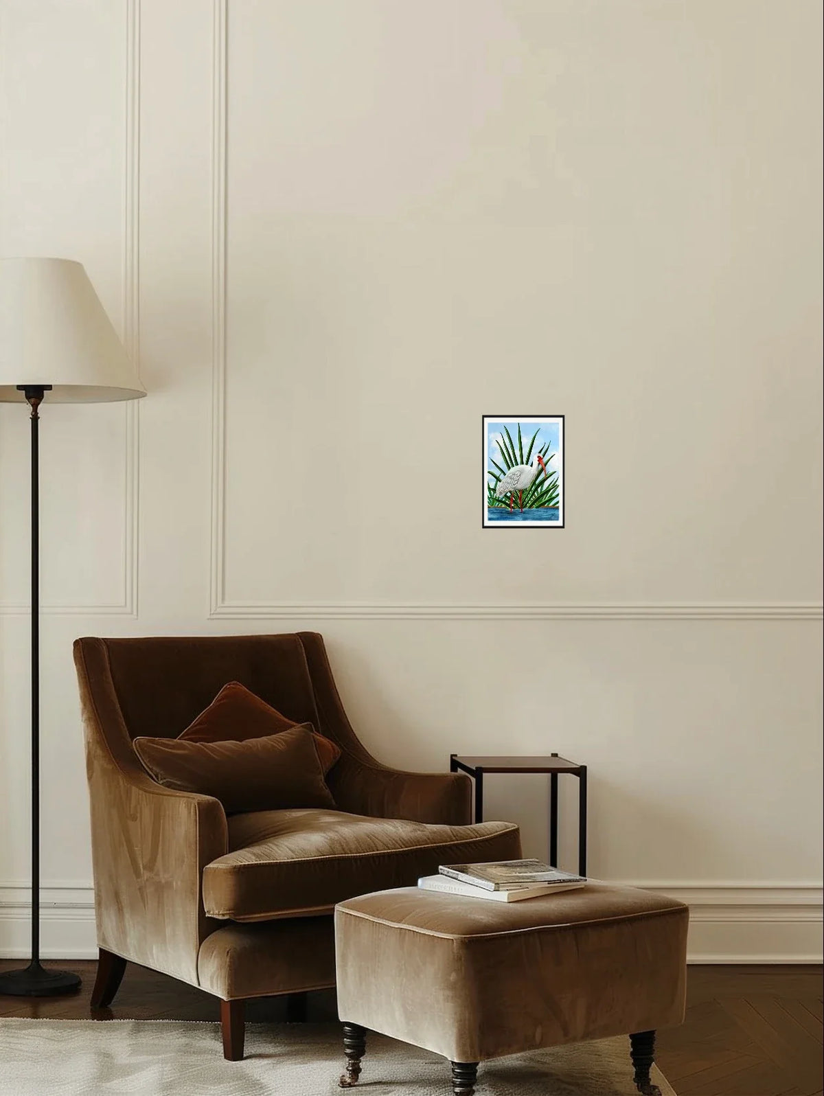 Irie the Whimsical Ibis - small 8 x 10 matted and framed art print shown hanging on a wall