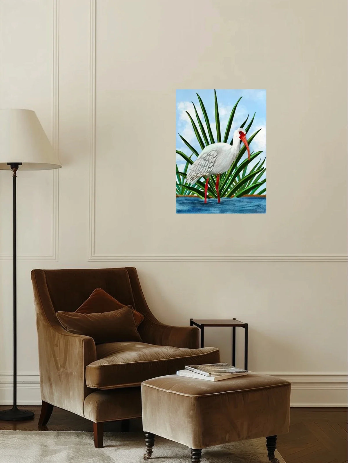 Irie the Whimsical Ibis - large 24 x 36 unframed art print shown hanging on a wall