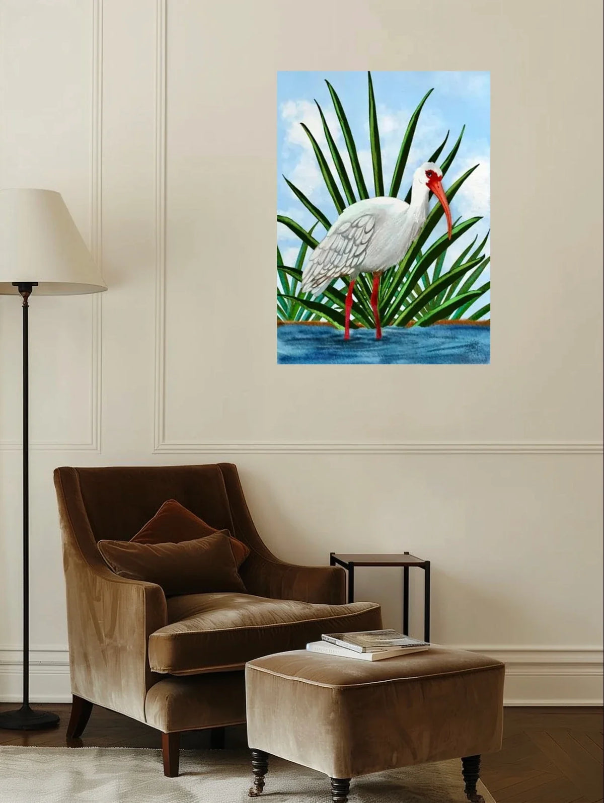 Irie the Whimsical Ibis - extra large 36 x 48 unframed art print shown hanging on a wall