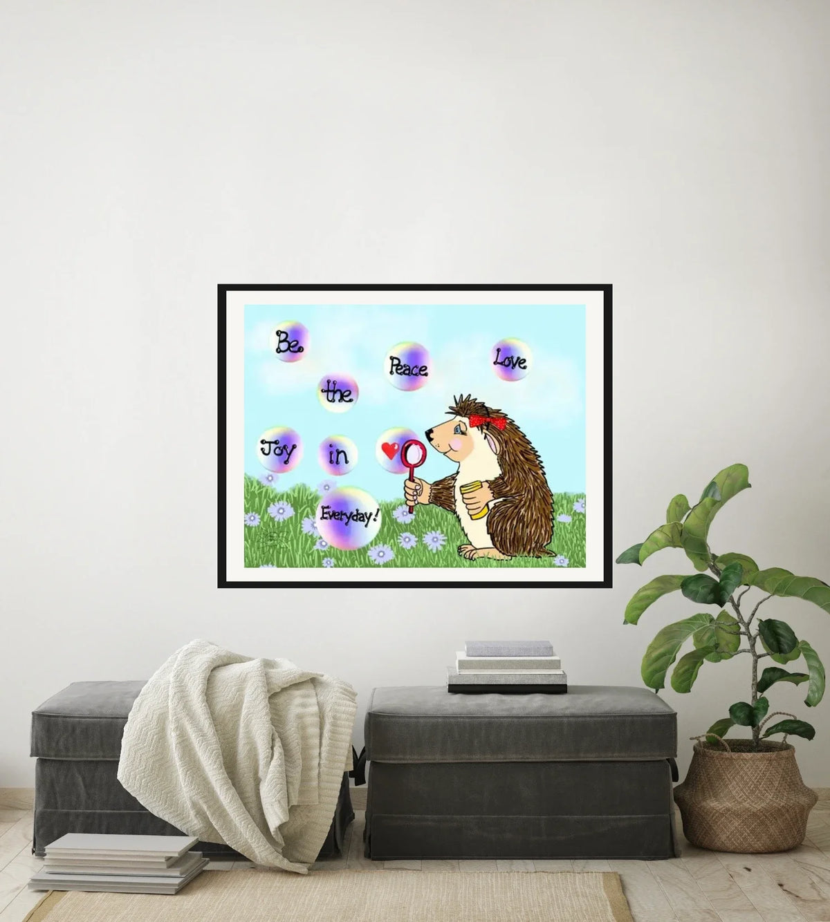 Izzy Hedgehog Peace Love - large 24 x 36 matted and framed art print shown hanging on a wall