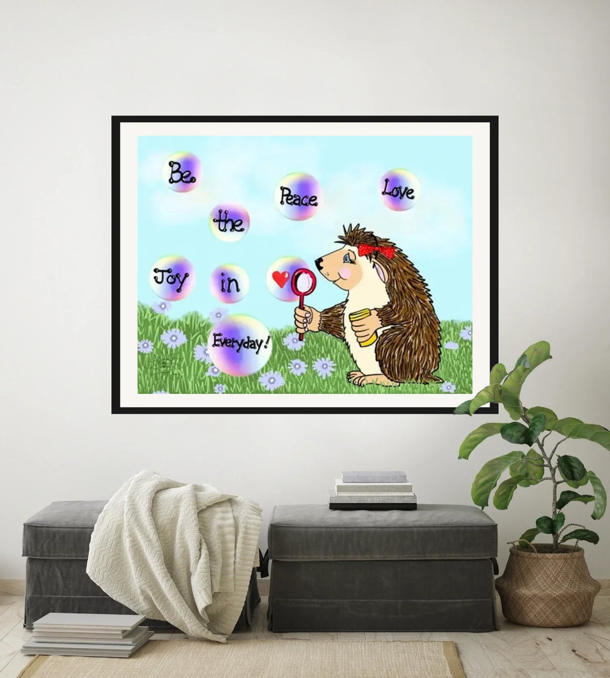 Izzy Hedgehog Peace Love - extra large 36 x 48 matted and framed art print shown hanging on a wall