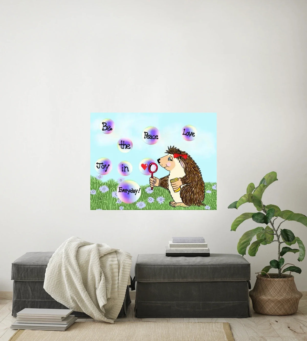 Izzy Hedgehog Peace Love - large 24 x 36 unframed art print shown hanging on a wall