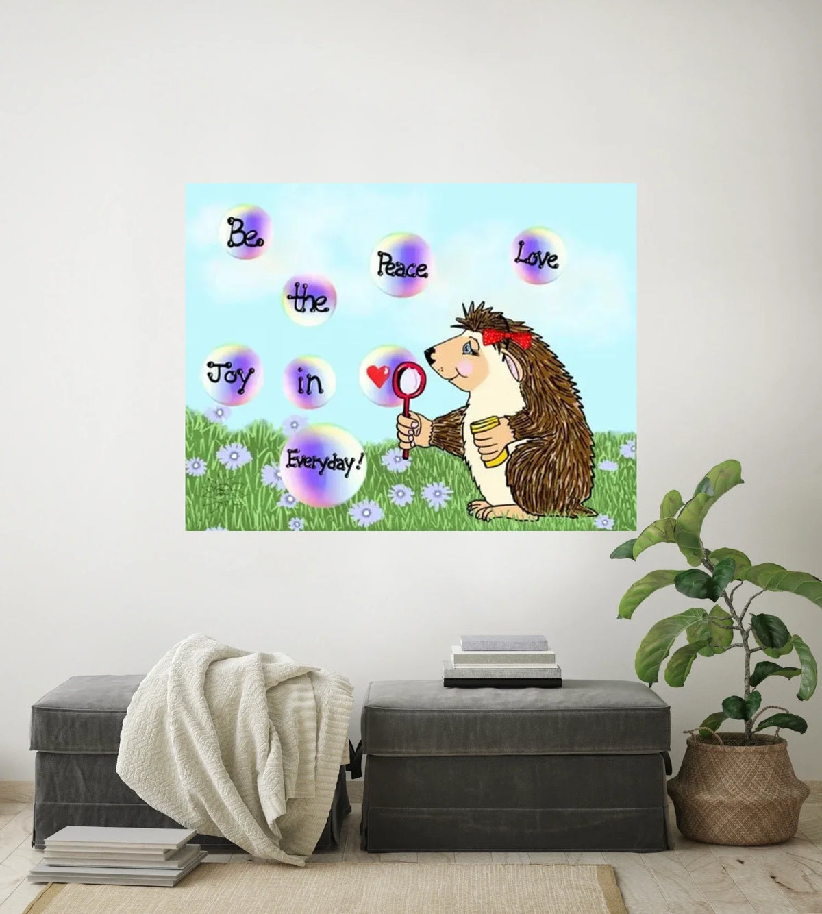 Izzy Hedgehog Peace Love - extra large 36 x 48 unframed art print shown hanging on a wall