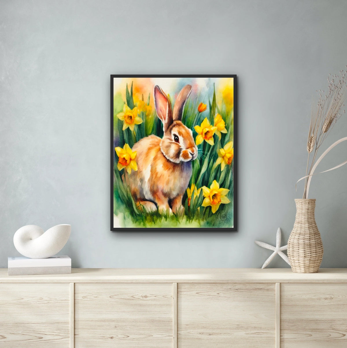 Jasmine the Whimsical Rabbit - extra large 36 x 48 framed art print shown hanging on a wall