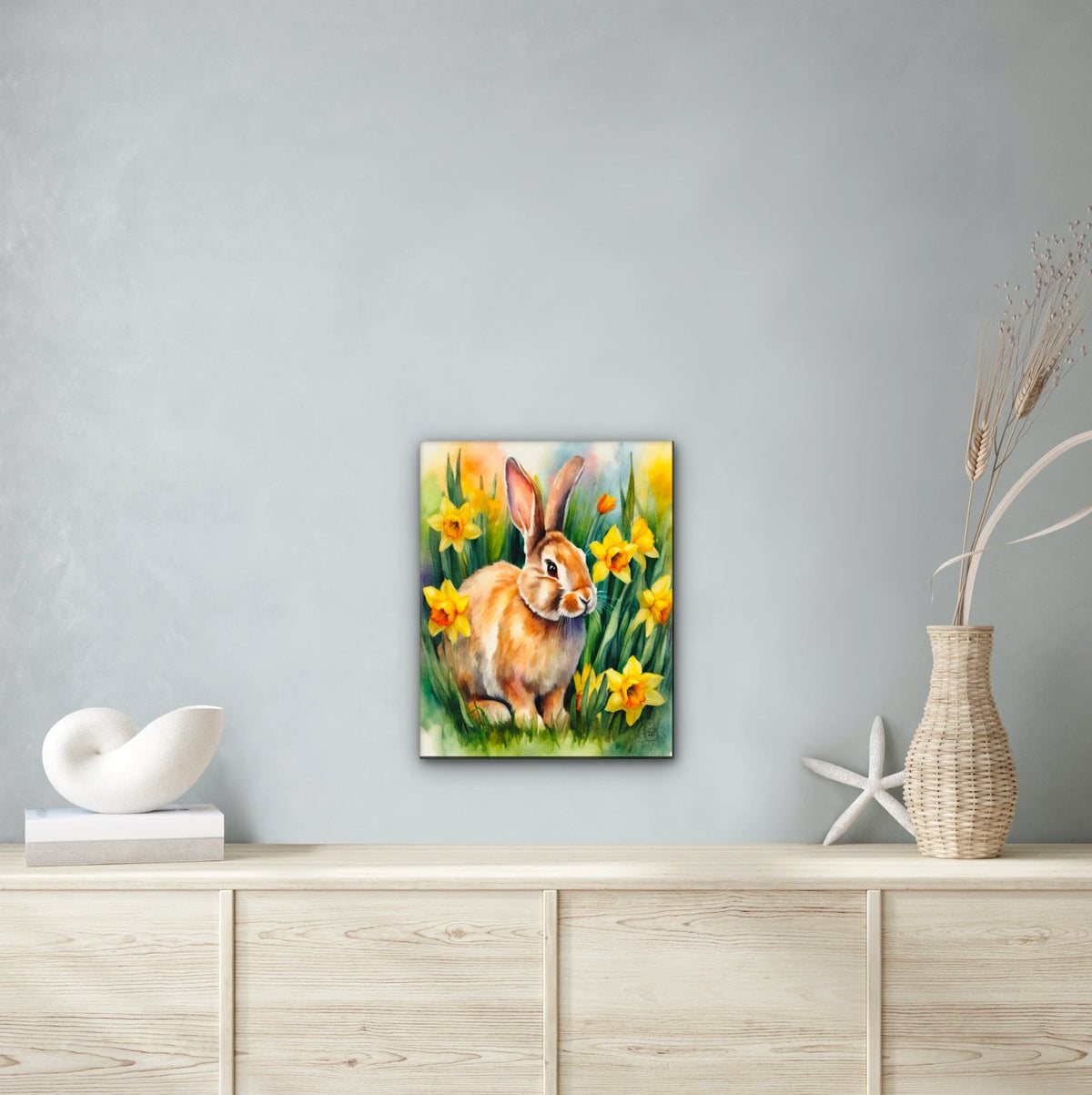 Jasmine the Whimsical Rabbit - large 24 x 36 unframed art print shown hanging on a wall