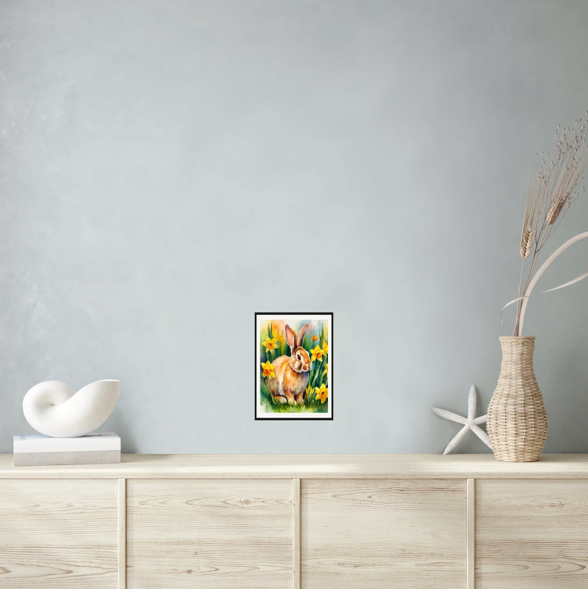 Jasmine the Whimsical Rabbit - medium 12 x 16 matted and framed art print shown hanging on a wall