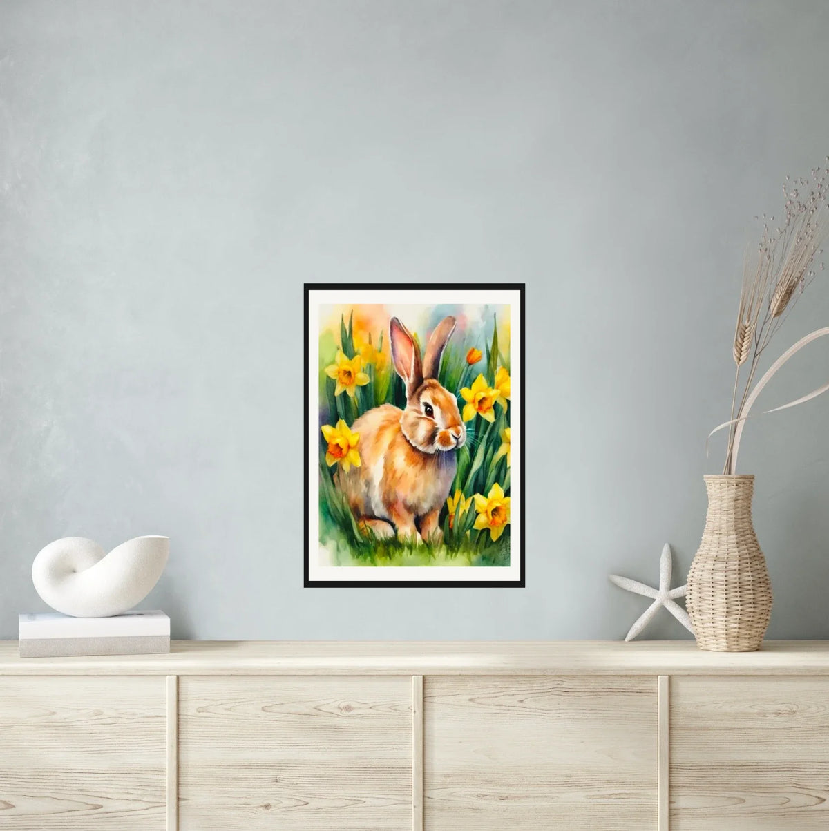 Jasmine the Whimsical Rabbit - large 24 x 36 matted and framed art print shown hanging on a wall