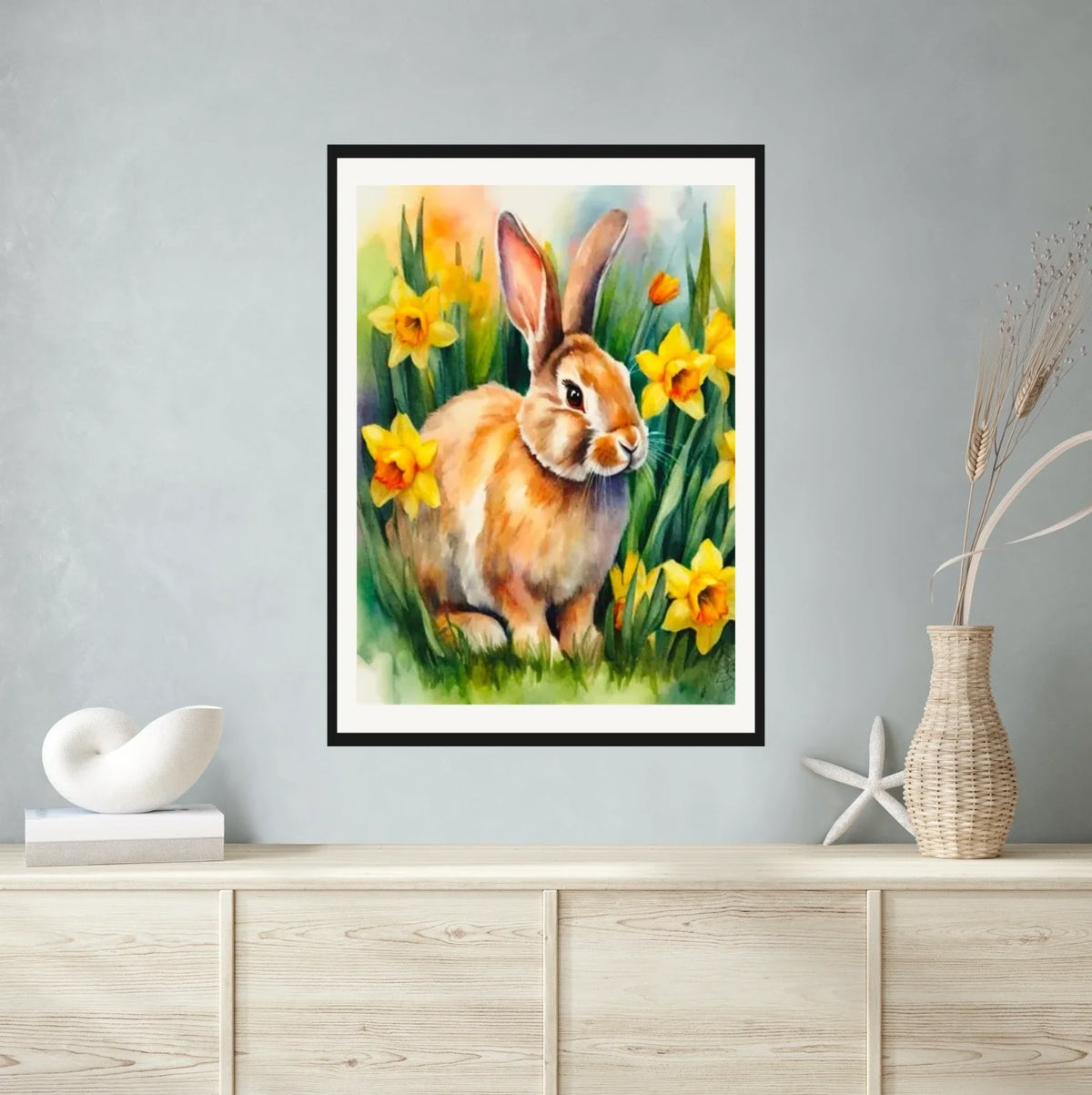 Jasmine the Whimsical Rabbit - extra large 36 x 48 matted and framed art print shown hanging on a wall