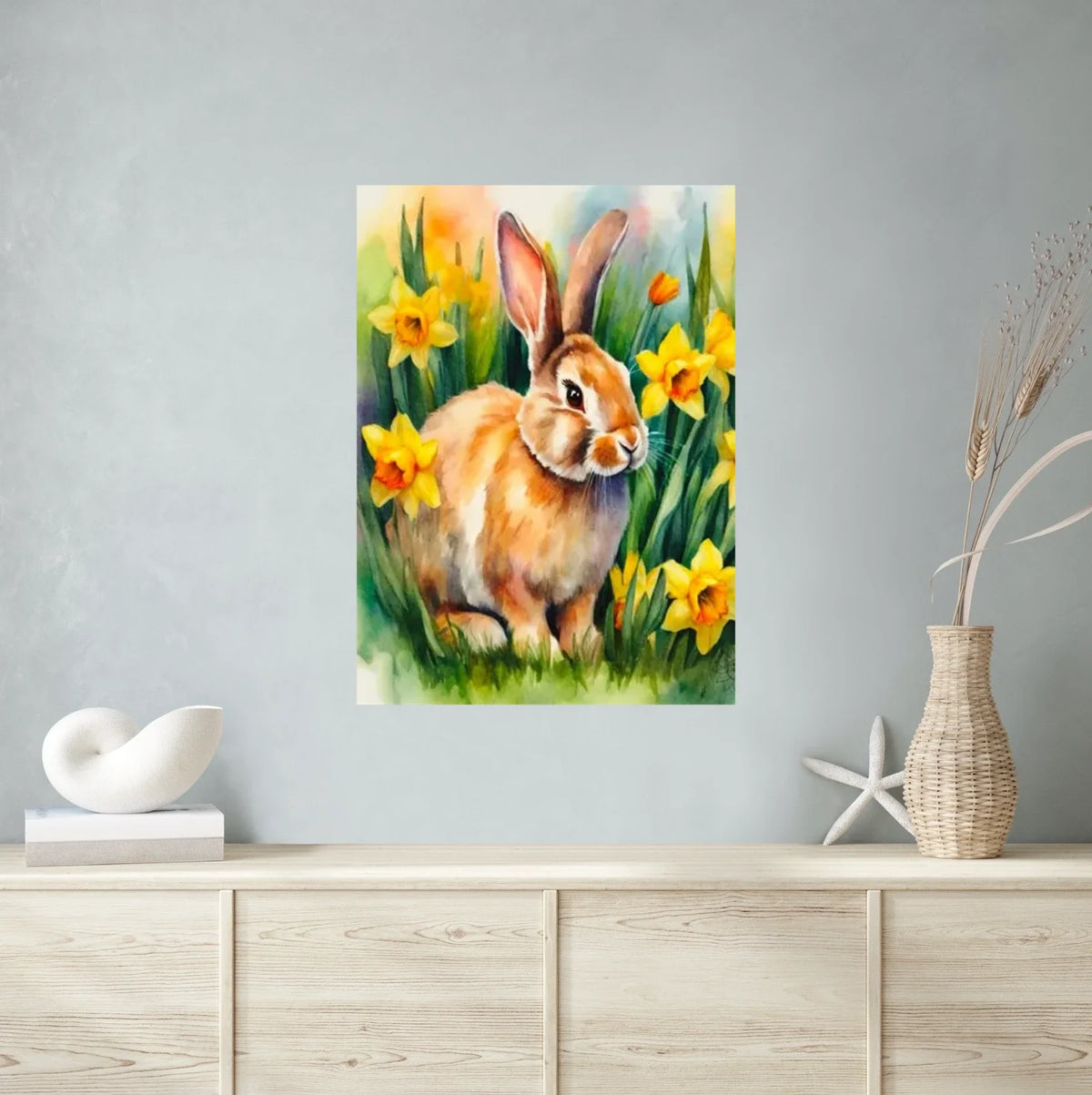 Jasmine the Whimsical Rabbit - extra large 36 x 48 unframed art print shown hanging on a wall