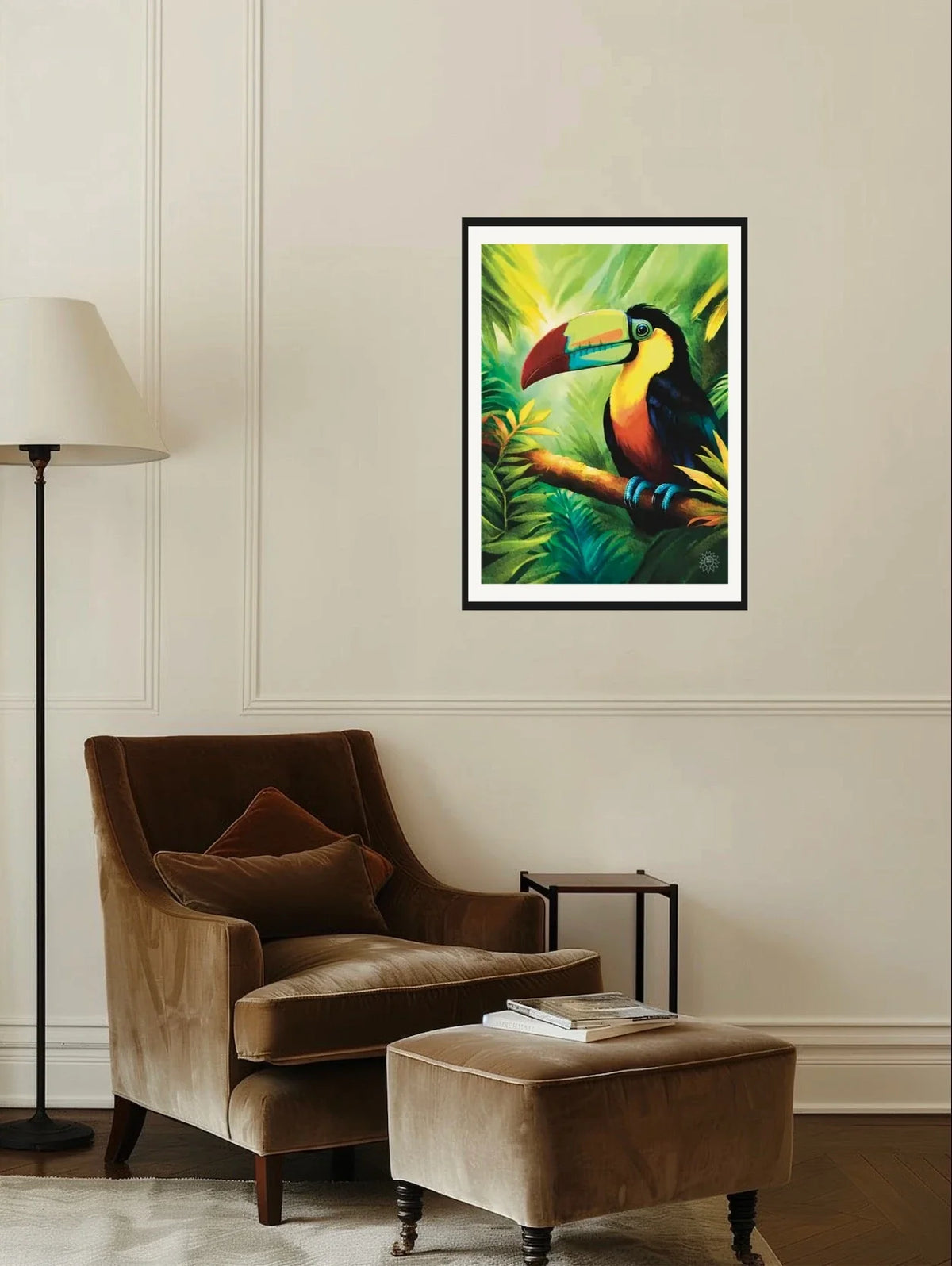 Keel Billed Toucan - large 24 x 36 matted and framed art print shown hanging on a wall