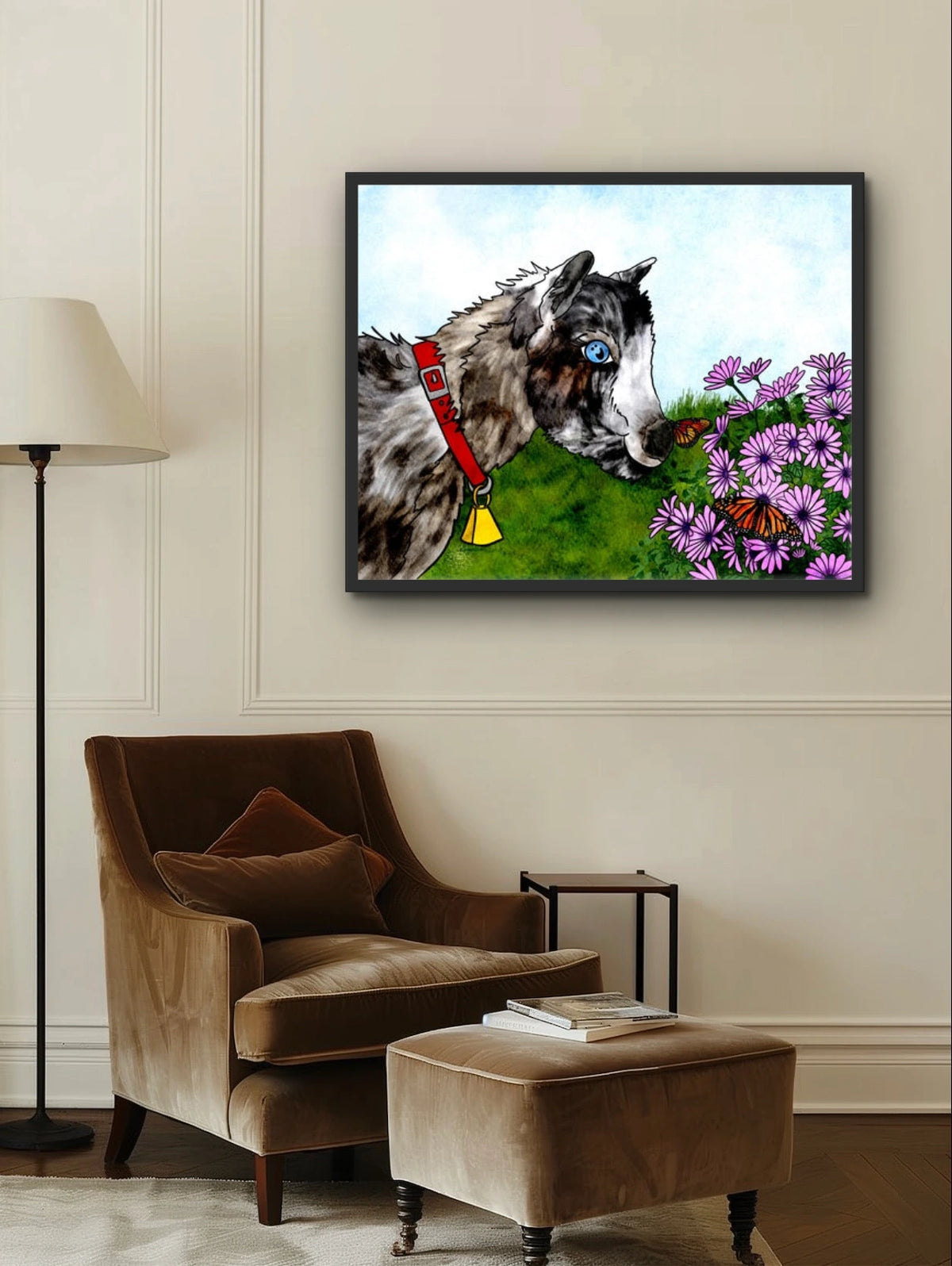 Latte the Kid - extra large 36 x 48 framed art print shown hanging on a wall