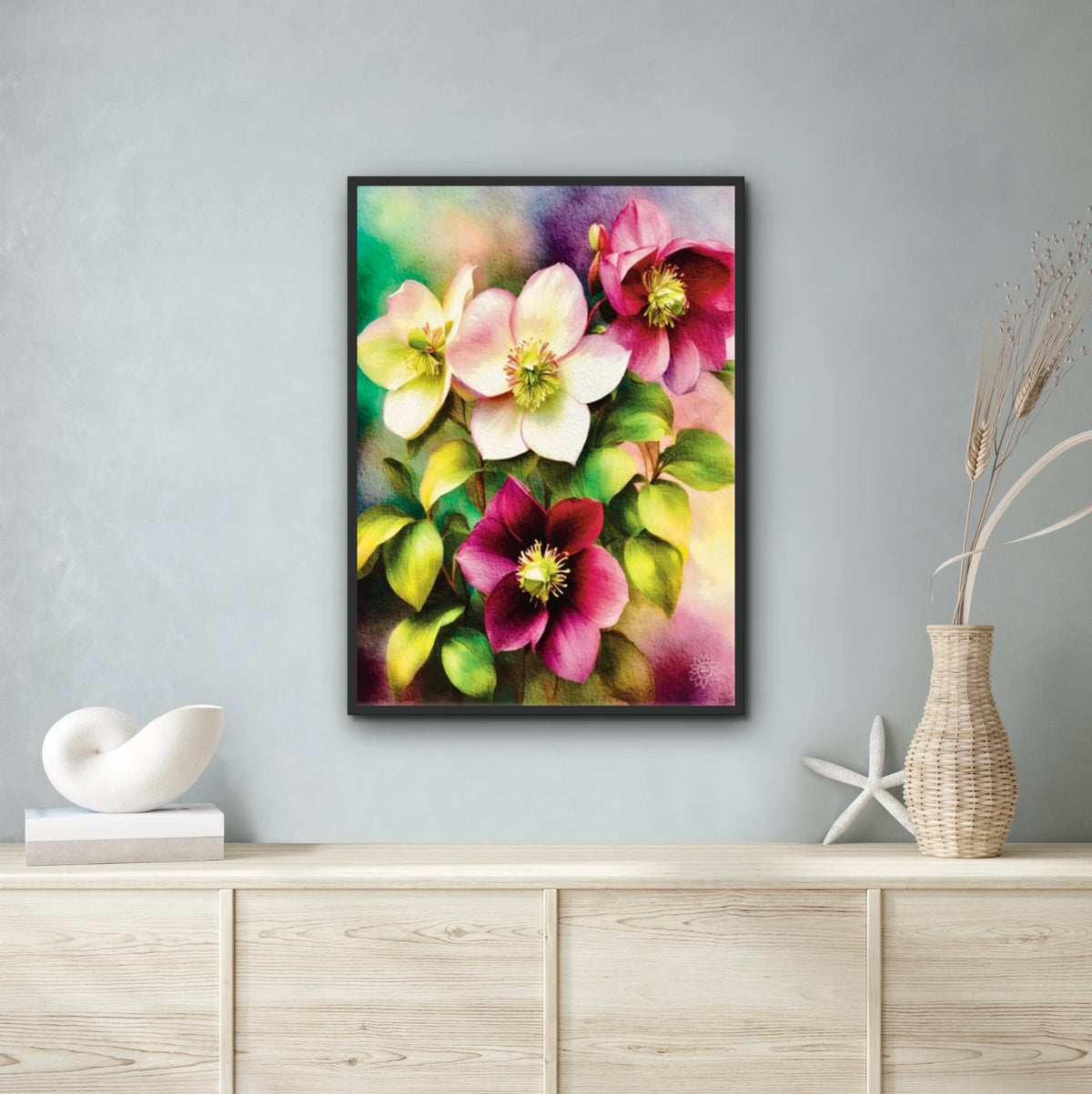 Lent Rose - extra large 36 x 48 framed art print shown hanging on a wall