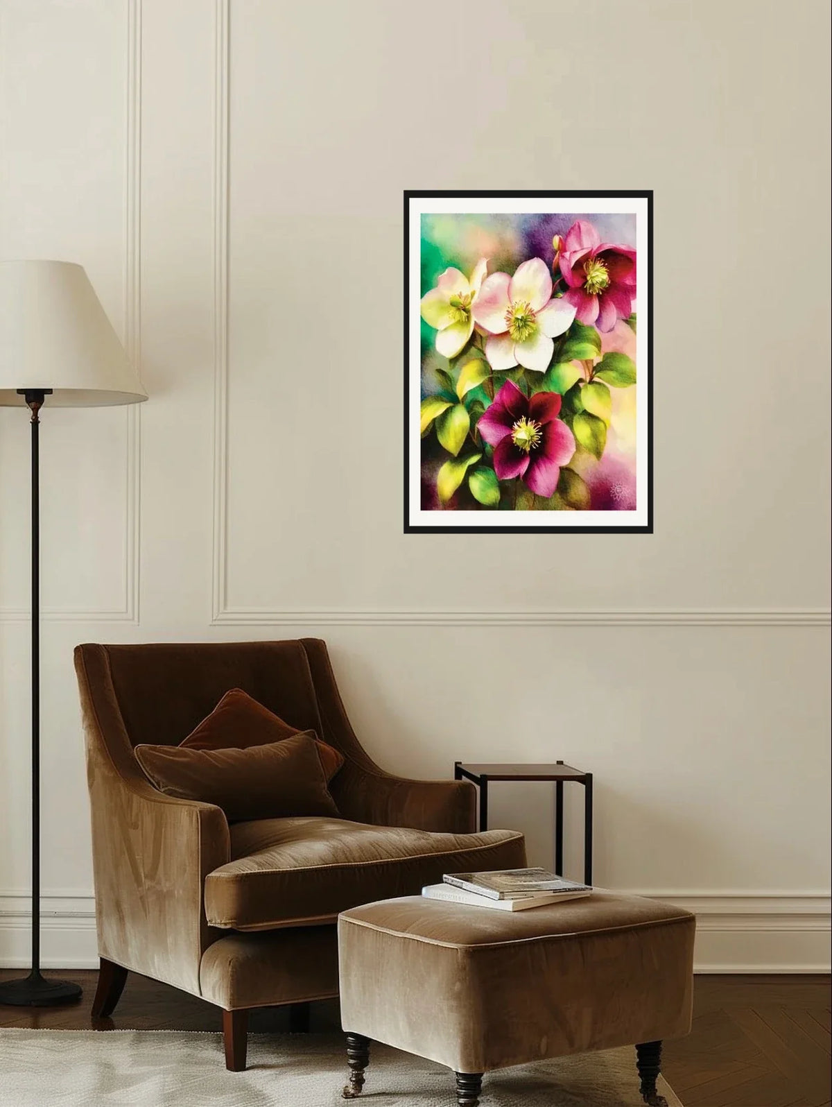 Lent Rose - large 24 x 36 matted and framed art print shown hanging on a wall