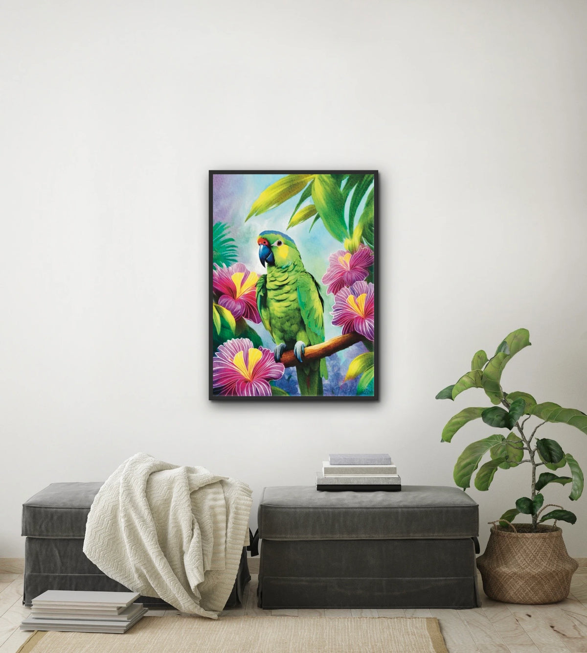 Lilac Crowned Parrot - large 24 x 36 framed art print shown hanging on a wall