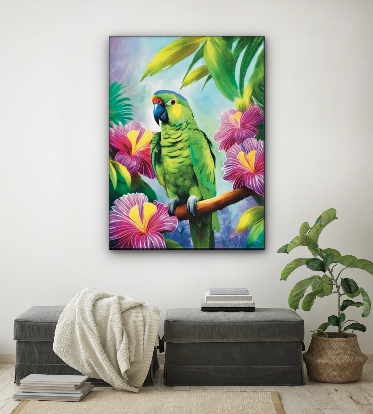Lilac Crowned Parrot - extra large 36 x 48 unframed art print shown hanging on a wall