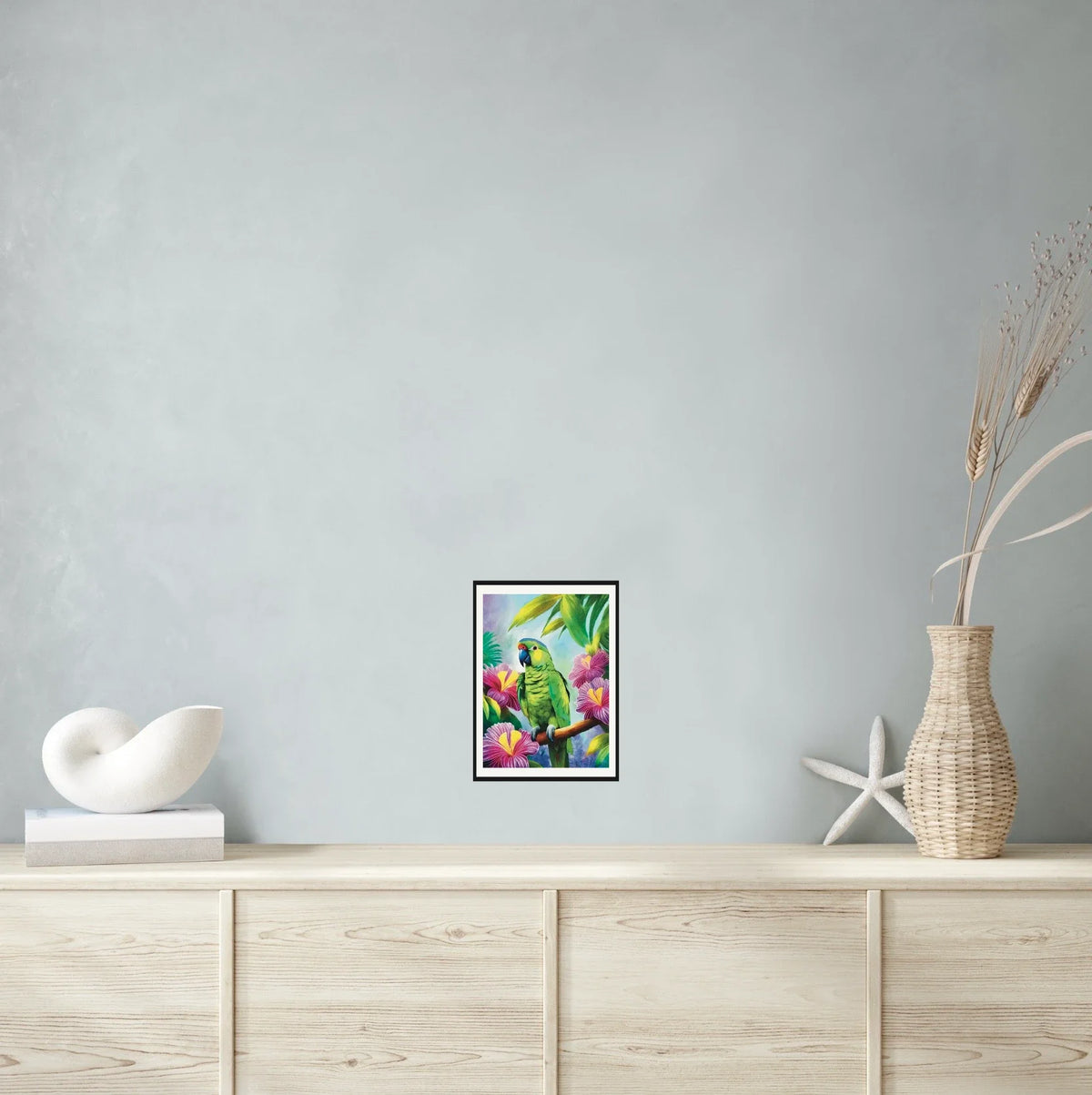 Lilac Crowned Parrot - medium 12 x 16 matted and framed art print shown hanging on a wall