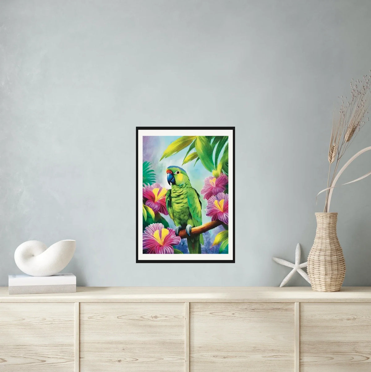 Lilac Crowned Parrot - large 24 x 36 matted and framed art print shown hanging on a wall