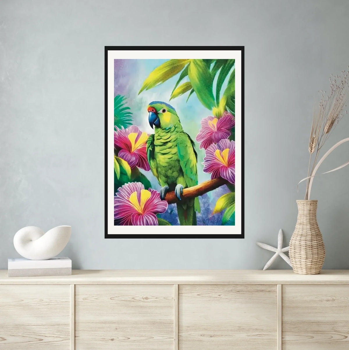 Lilac Crowned Parrot - extra large 36 x 48 matted and framed art print shown hanging on a wall