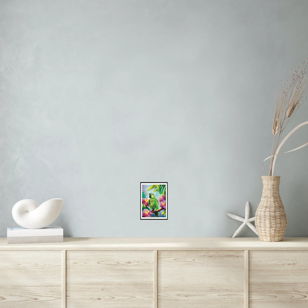 Lilac Crowned Parrot - small 8 x 10 matted and framed art print shown hanging on a wall