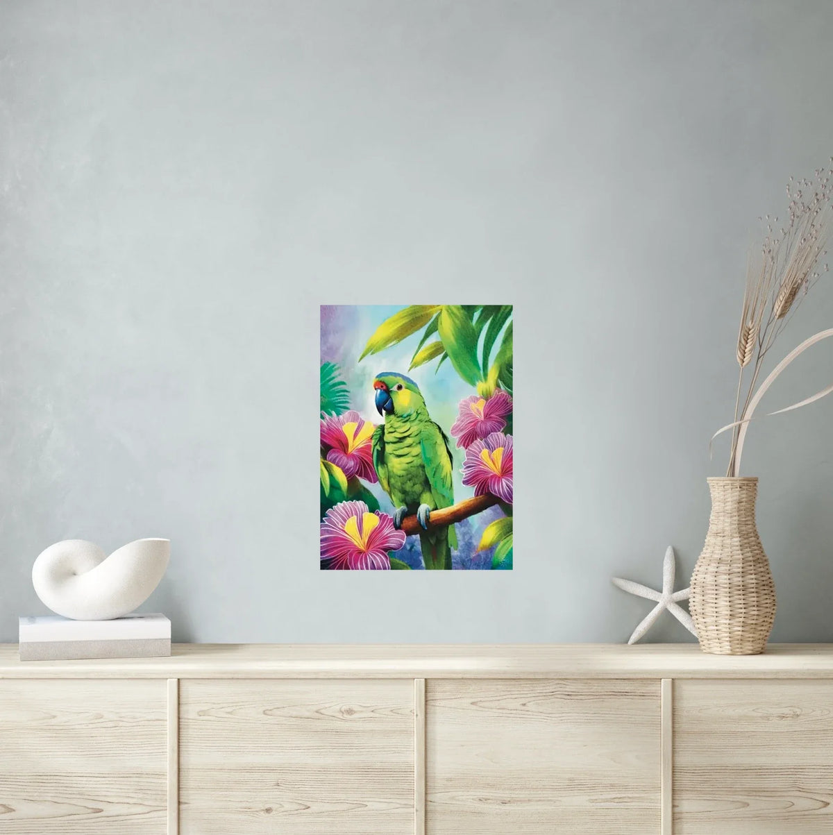 Lilac Crowned Parrot - large 24 x 36 unframed art print shown hanging on a wall