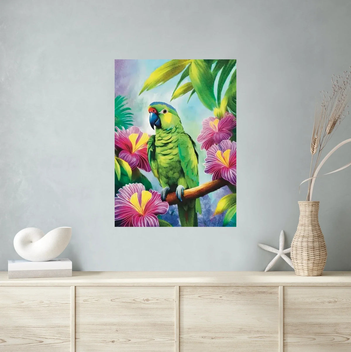 Lilac Crowned Parrot - extra large 36 x 48 unframed art print shown hanging on a wall