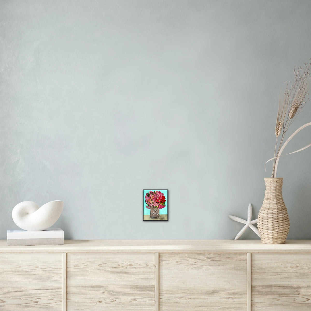 Live Life in Full Bloom! - small 8 x 10 framed art print shown hanging on a wall