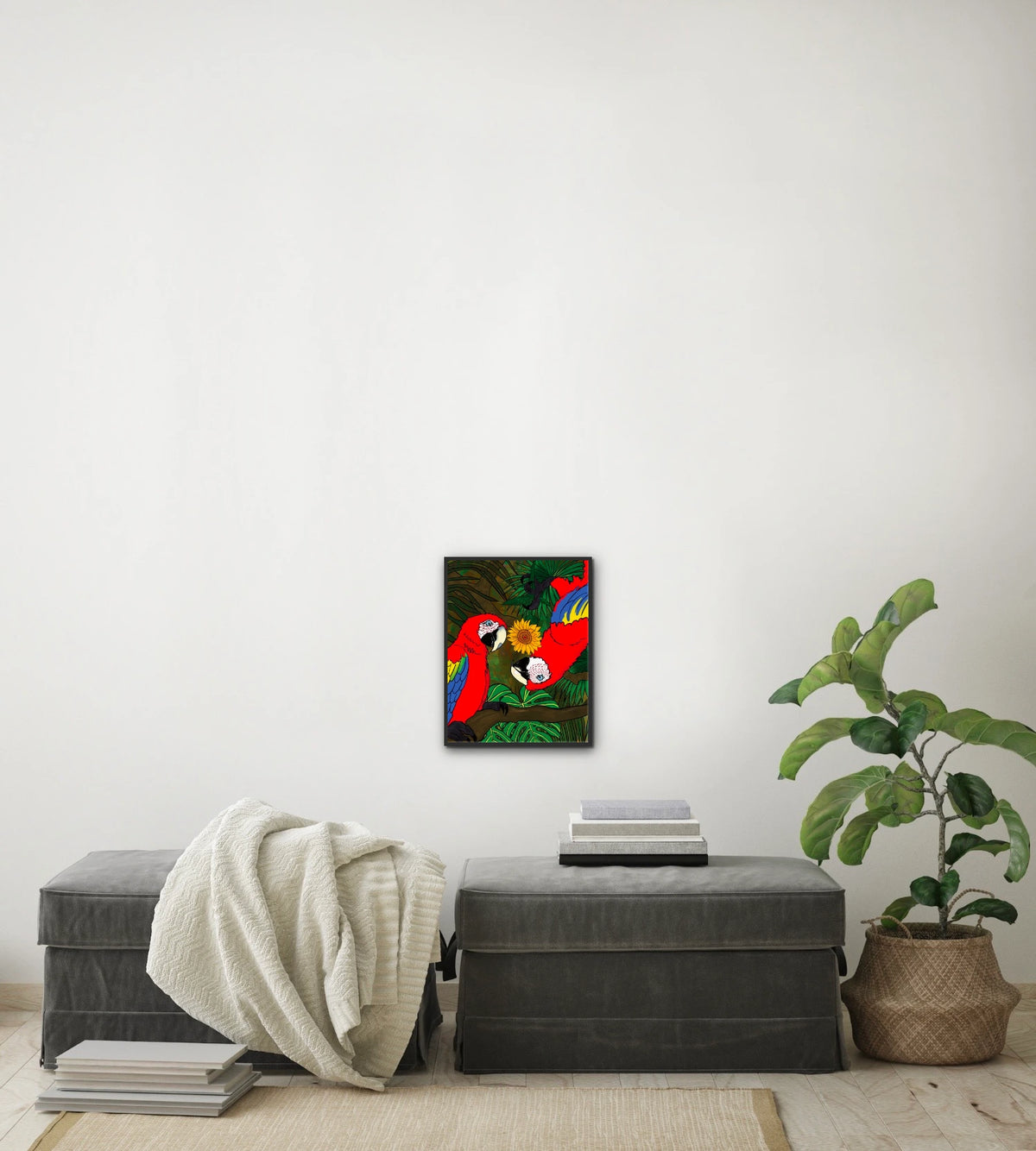 Macaws Bugging You - medium 12 x 16 framed art print shown hanging on a wall