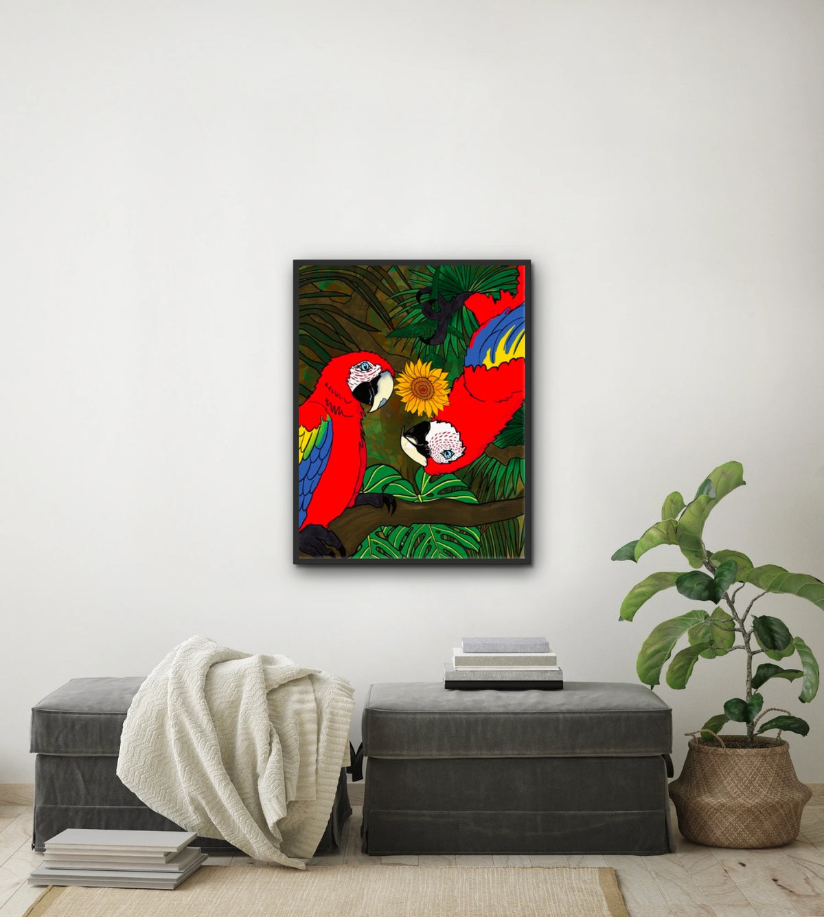 Macaws Bugging You - large 24 x 36 framed art print shown hanging on a wall