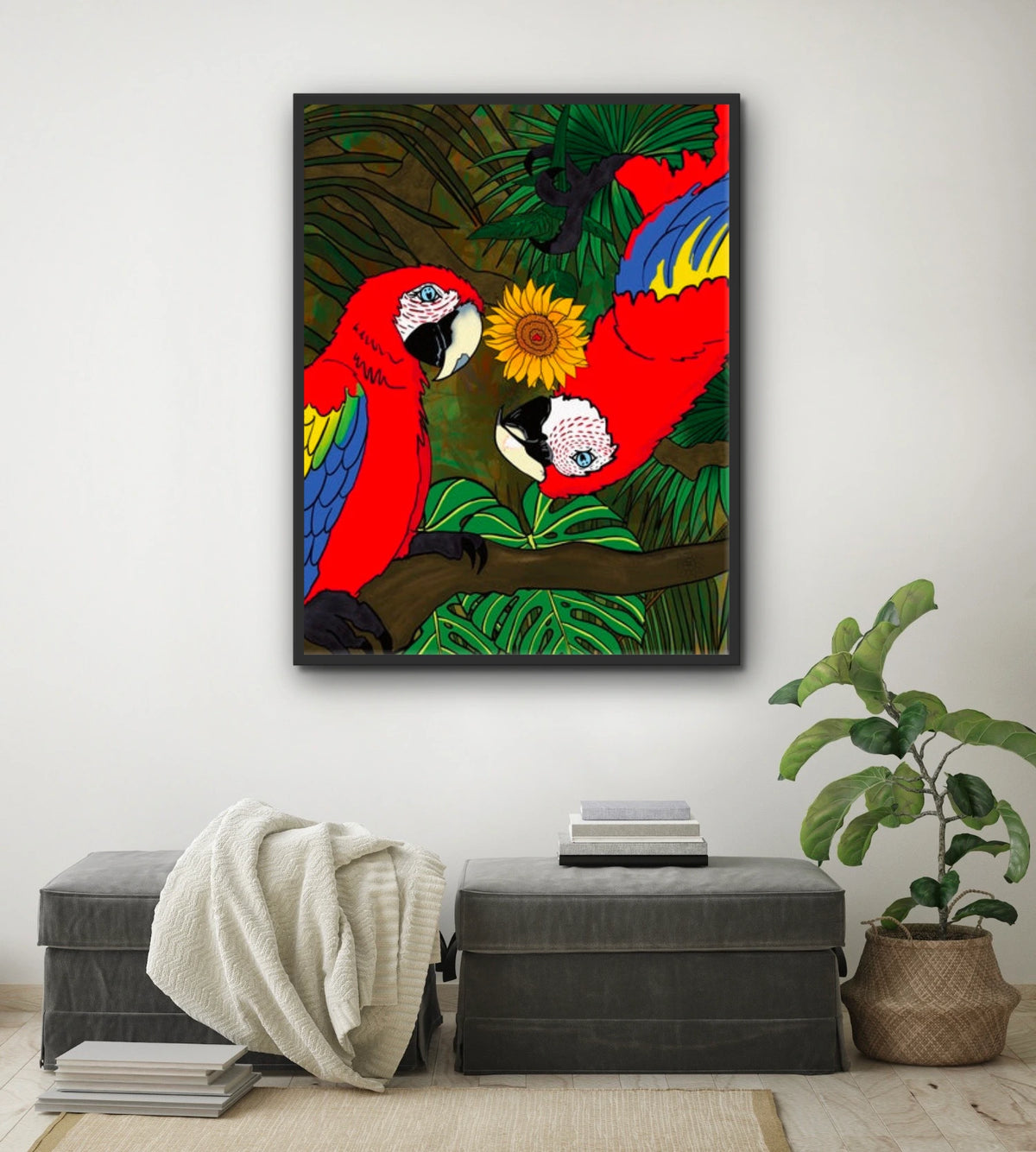 Macaws Bugging You - extra large 36 x 48 framed art print shown hanging on a wall