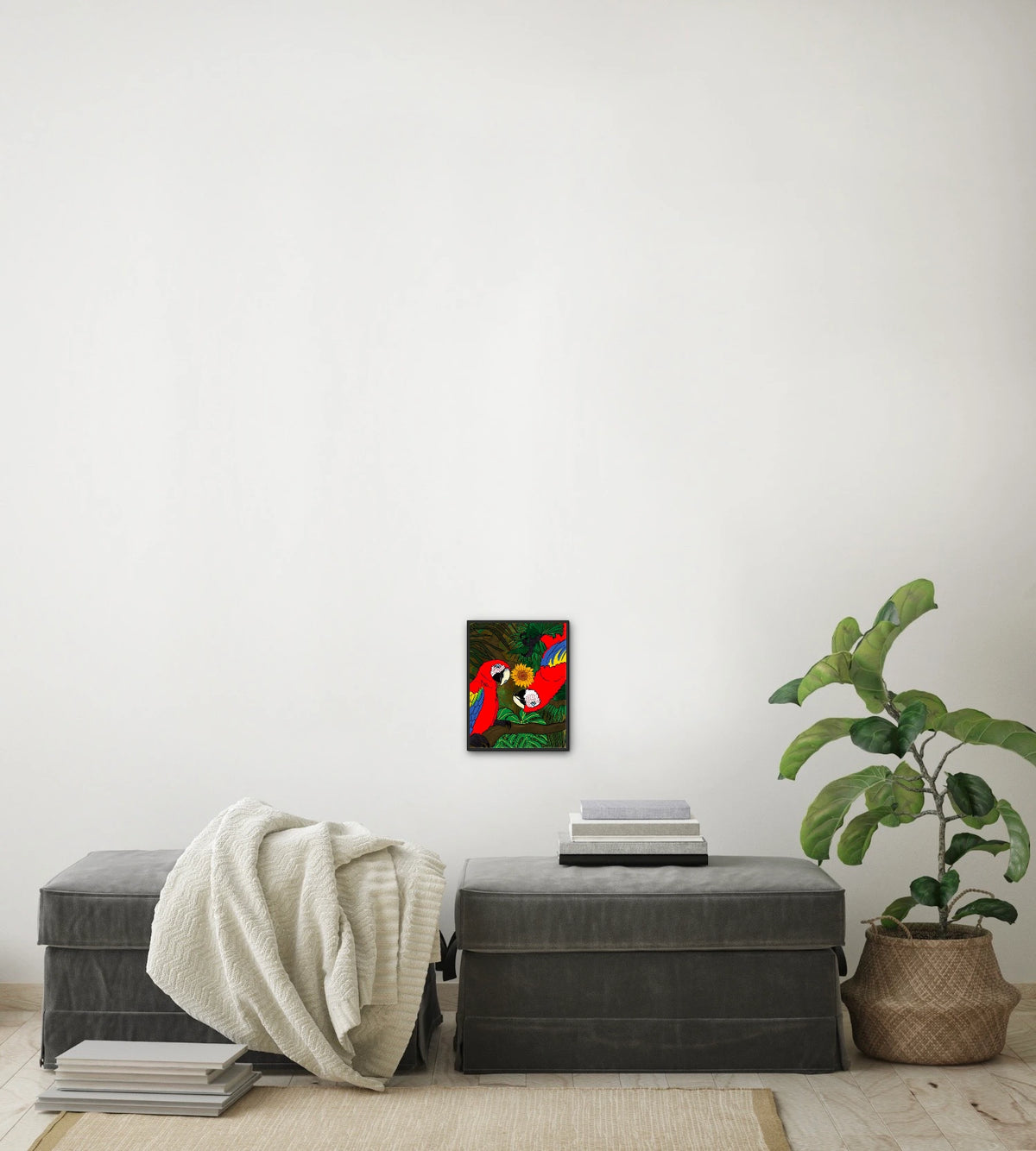 Macaws Bugging You - small 8 x 10 framed art print shown hanging on a wall