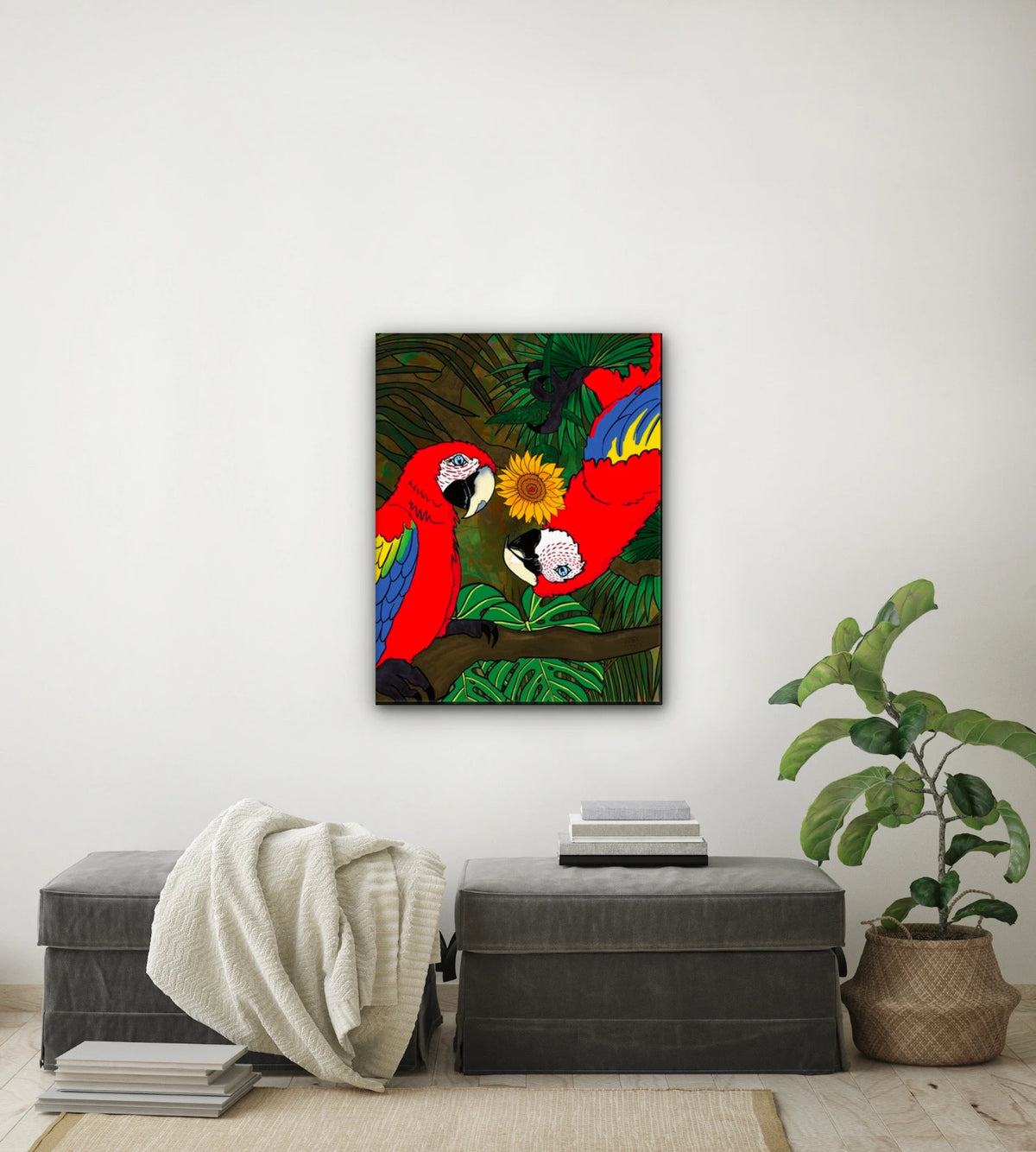 Macaws Bugging You - large 24 x 36 unframed art print shown hanging on a wall