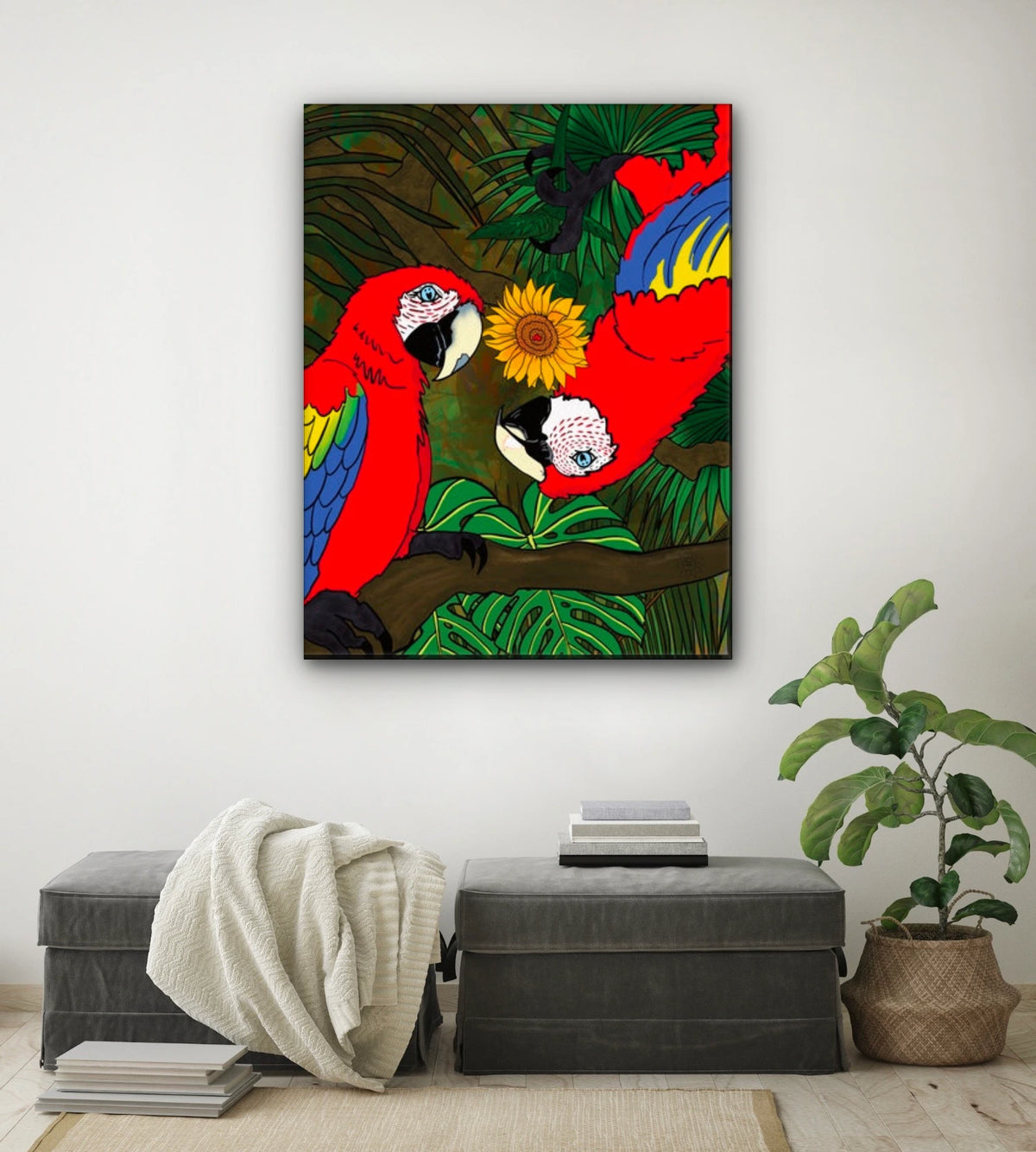 Macaws Bugging You - extra large 36 x 48 unframed art print shown hanging on a wall