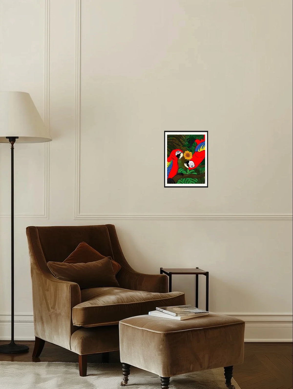 Macaws Bugging You - medium 12 x 16 matted and framed art print shown hanging on a wall