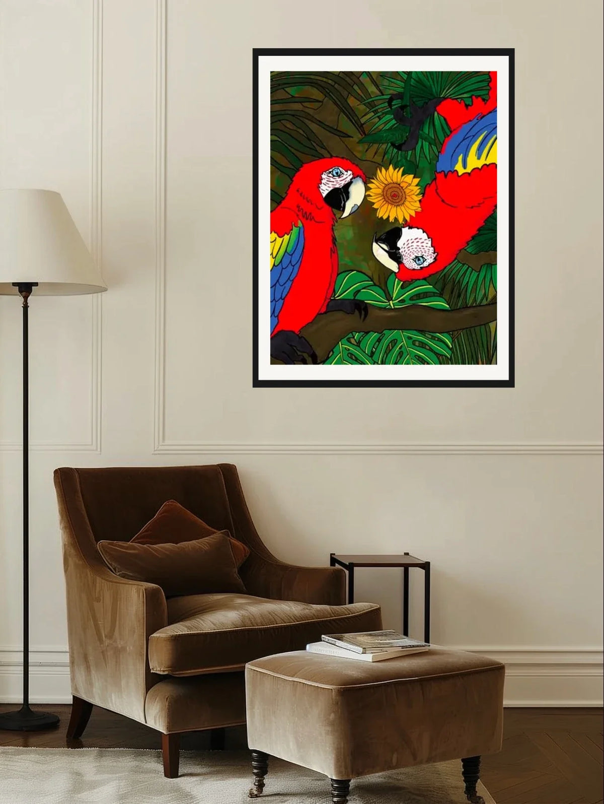 Macaws Bugging You - extra large 36 x 48 matted and framed art print shown hanging on a wall