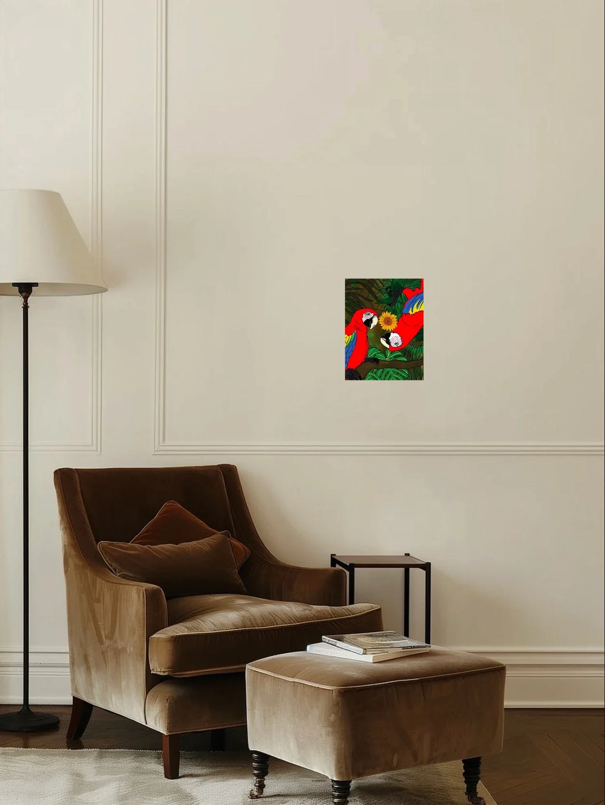 Macaws Bugging You - medium 12 x 16 unframed art print shown hanging on a wall