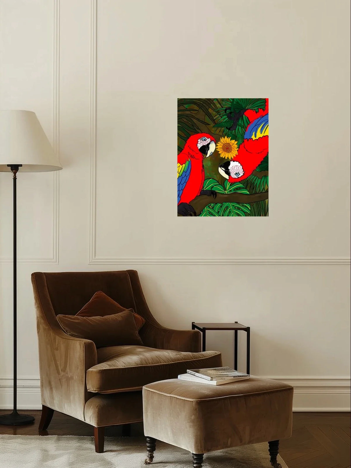 Macaws Bugging You - large 24 x 36 unframed art print shown hanging on a wall