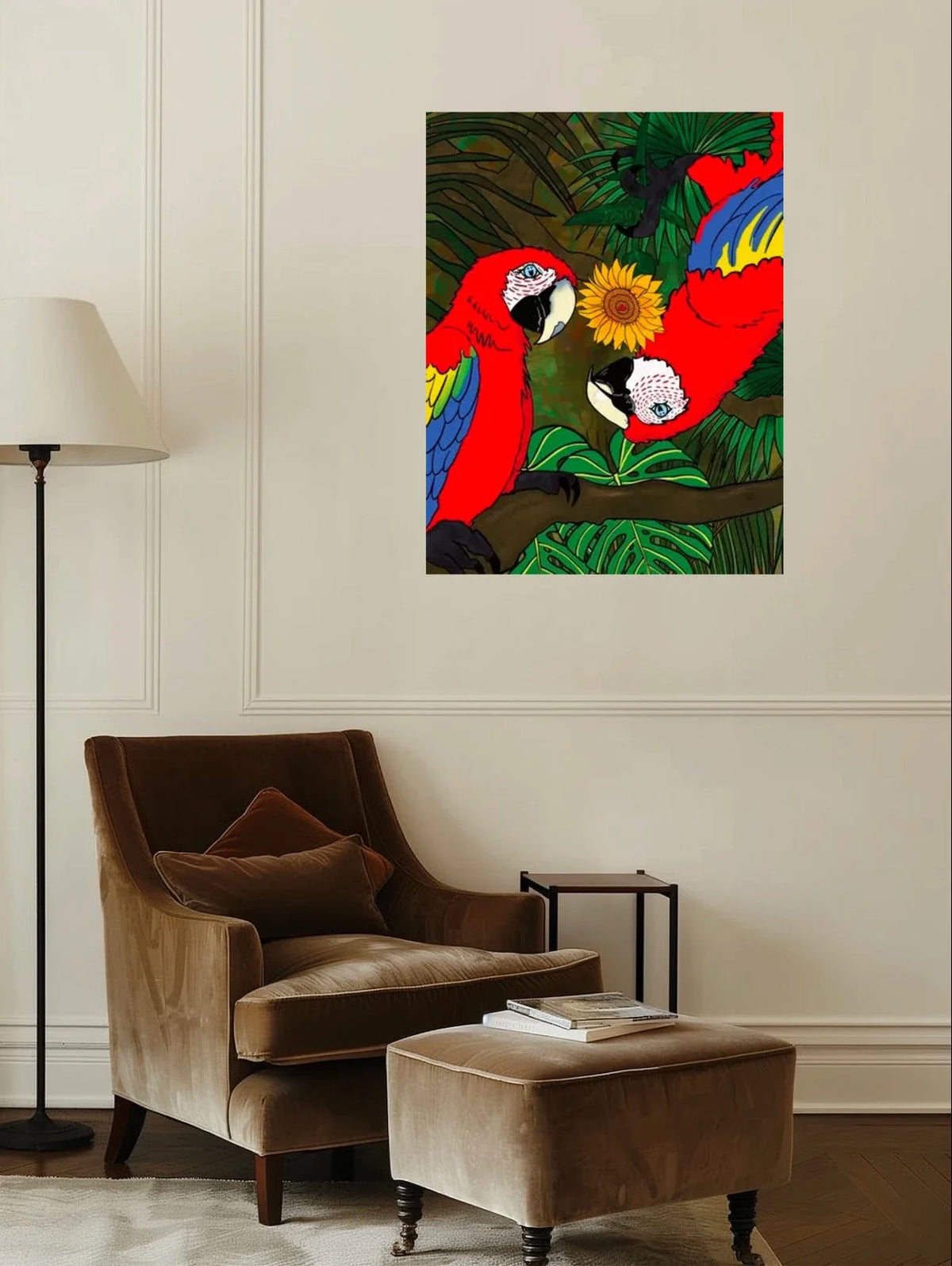 Macaws Bugging You - extra large 36 x 48 unframed art print shown hanging on a wall