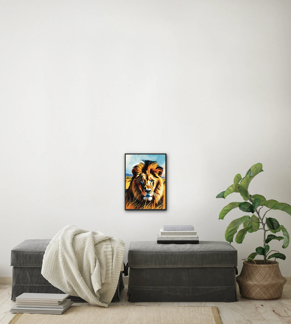 Majestic Lion - medium 12 x 16 framed art print shown hanging on a wall